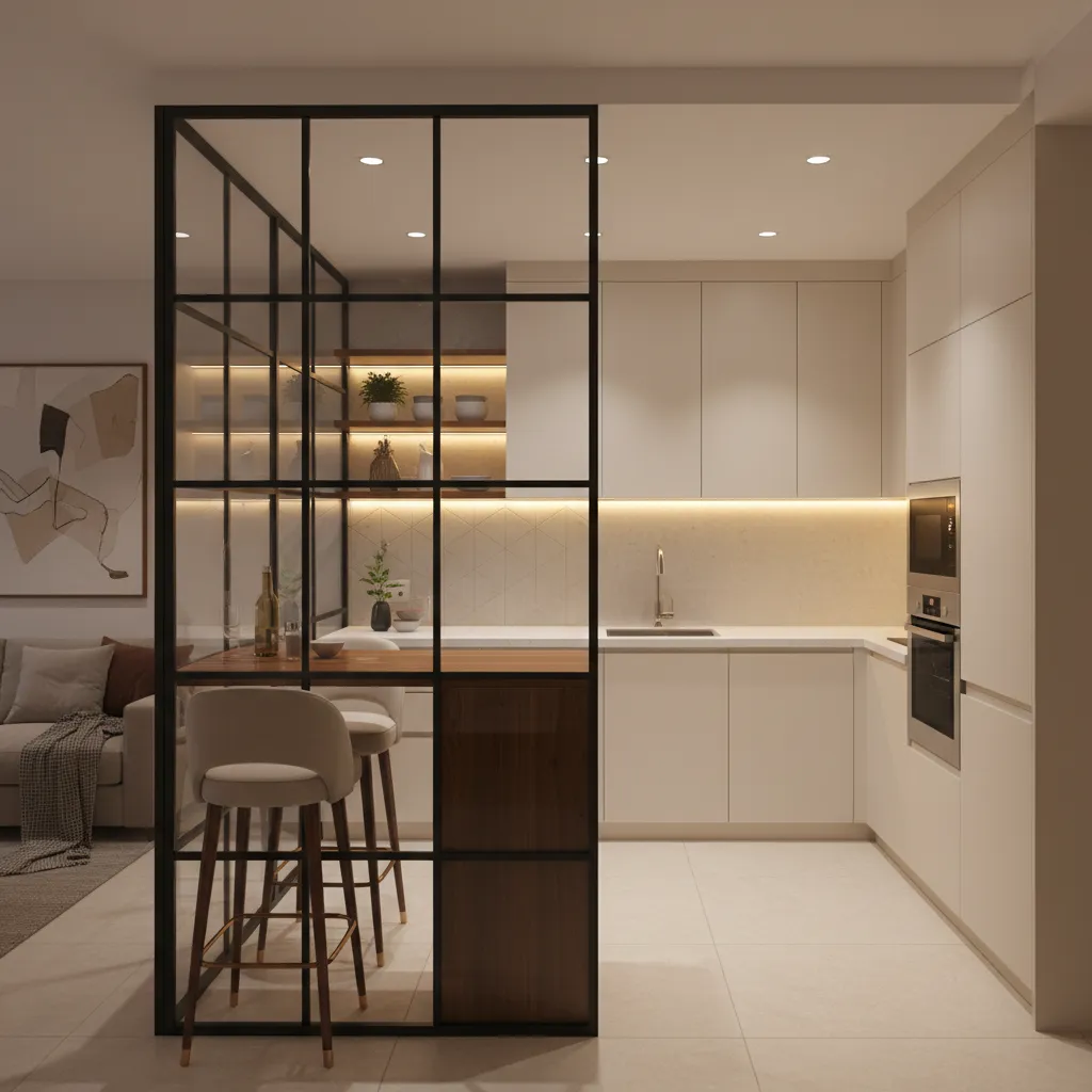 Semi open kitchen with glass partition in a small apartment