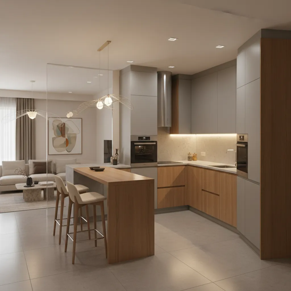 Semi open kitchen with glass partition and breakfast counter in a modern apartment