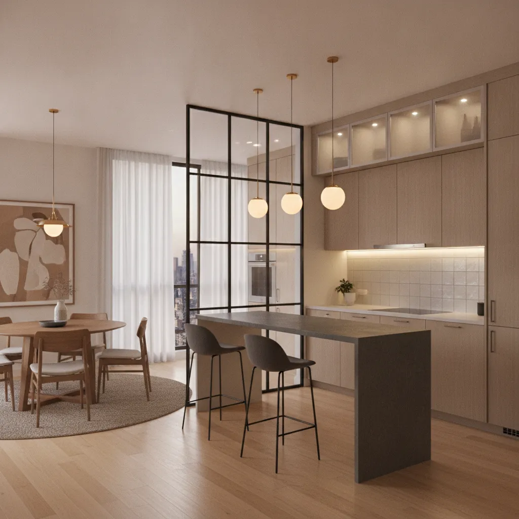 Semi open kitchen with glass partition and dining area in apartment