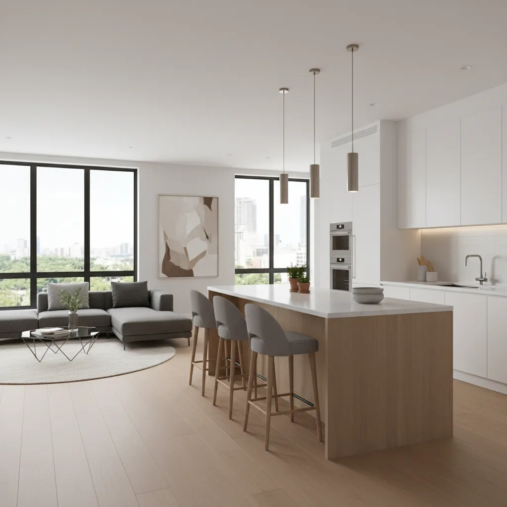 semi open concept kitchen connected to living room with island divider
