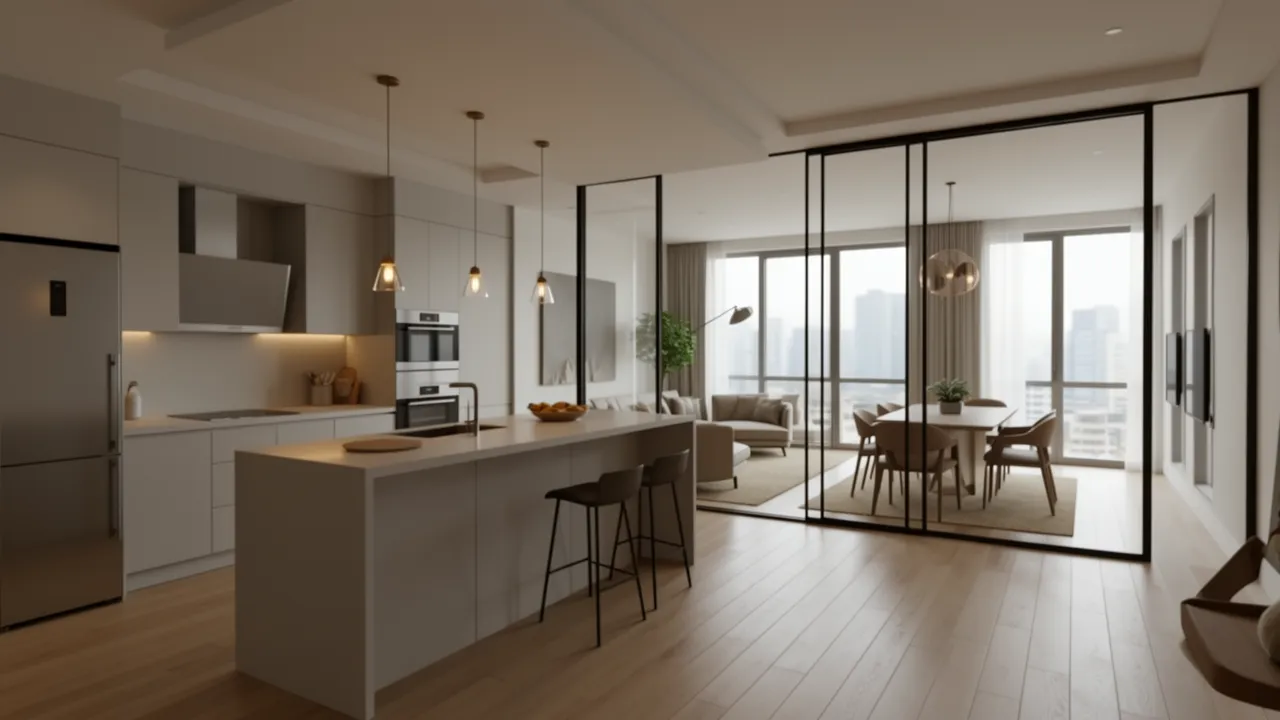 Semi open kitchen with glass partition in a Mumbai apartment