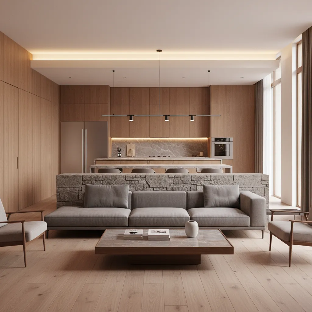 semi open kitchen with half wall separating living room