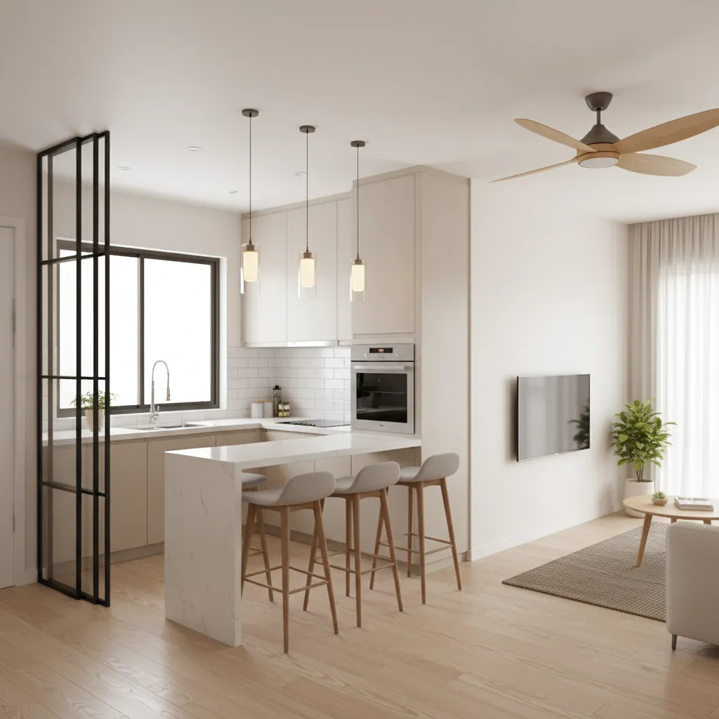 Semi open kitchen with glass partition in a small Chennai apartment
