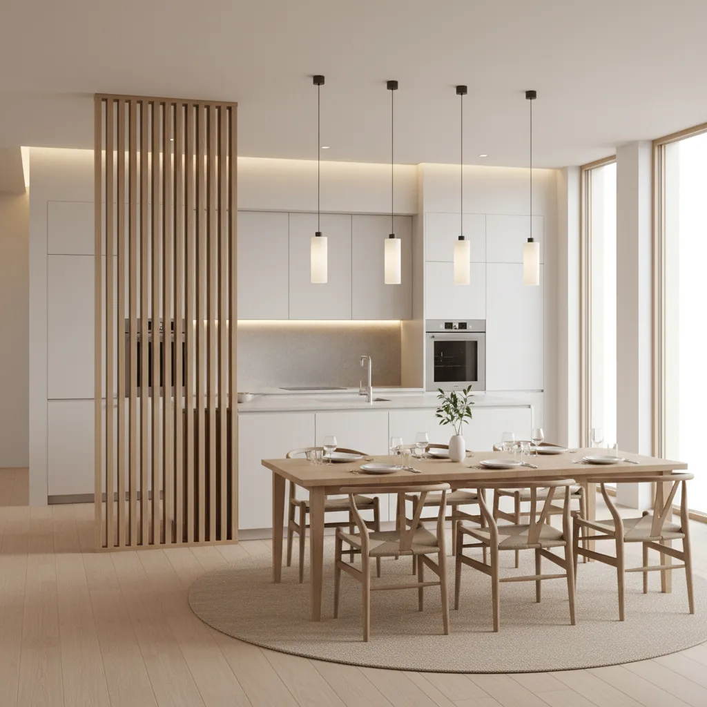 semi open kitchen partition with wood slats and dining area