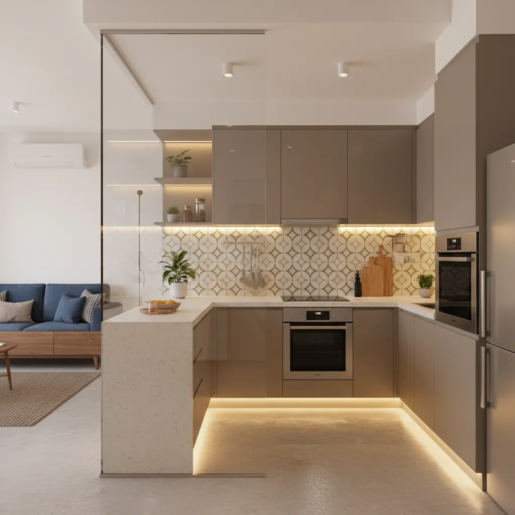 Semi open kitchen with glass partition in a compact 2 BHK apartment