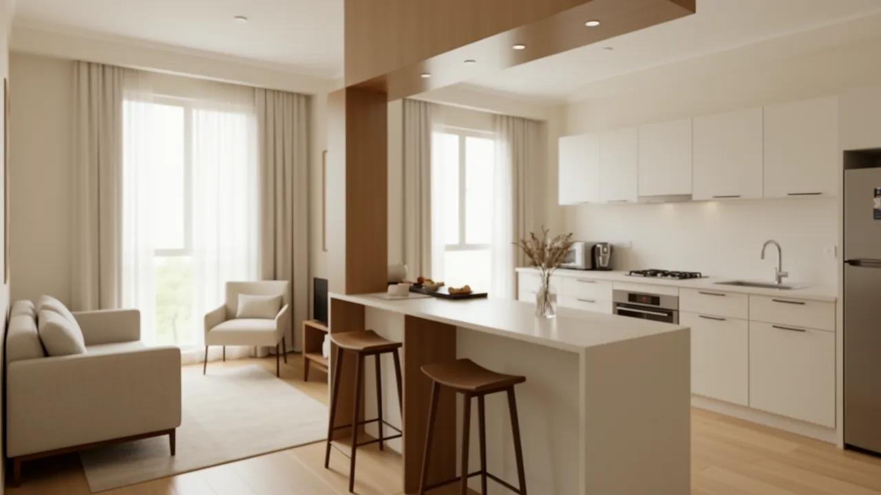 Semi open kitchen layout in a compact 1 BHK apartment