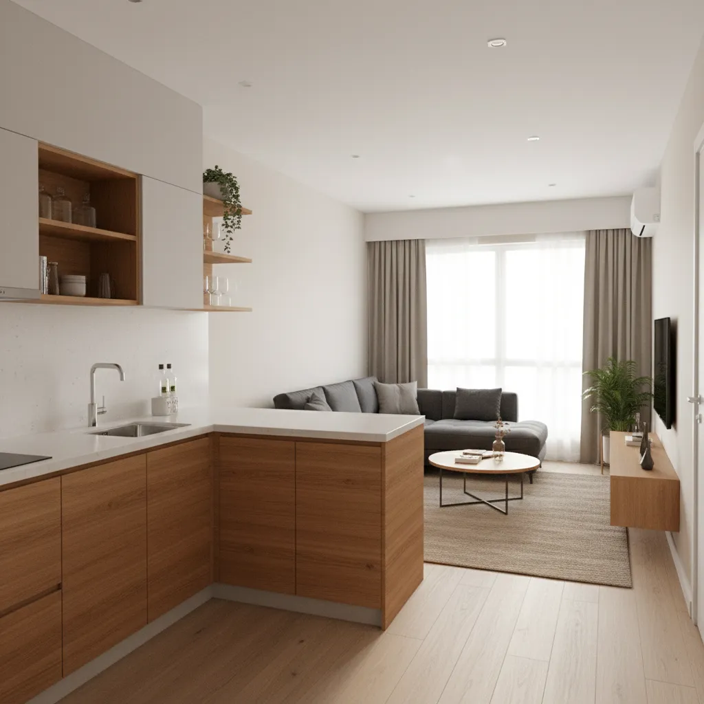 semi open kitchen connected to living hall in small house design