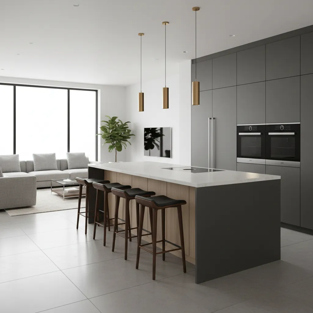 kitchen island acting as divider between kitchen and living room