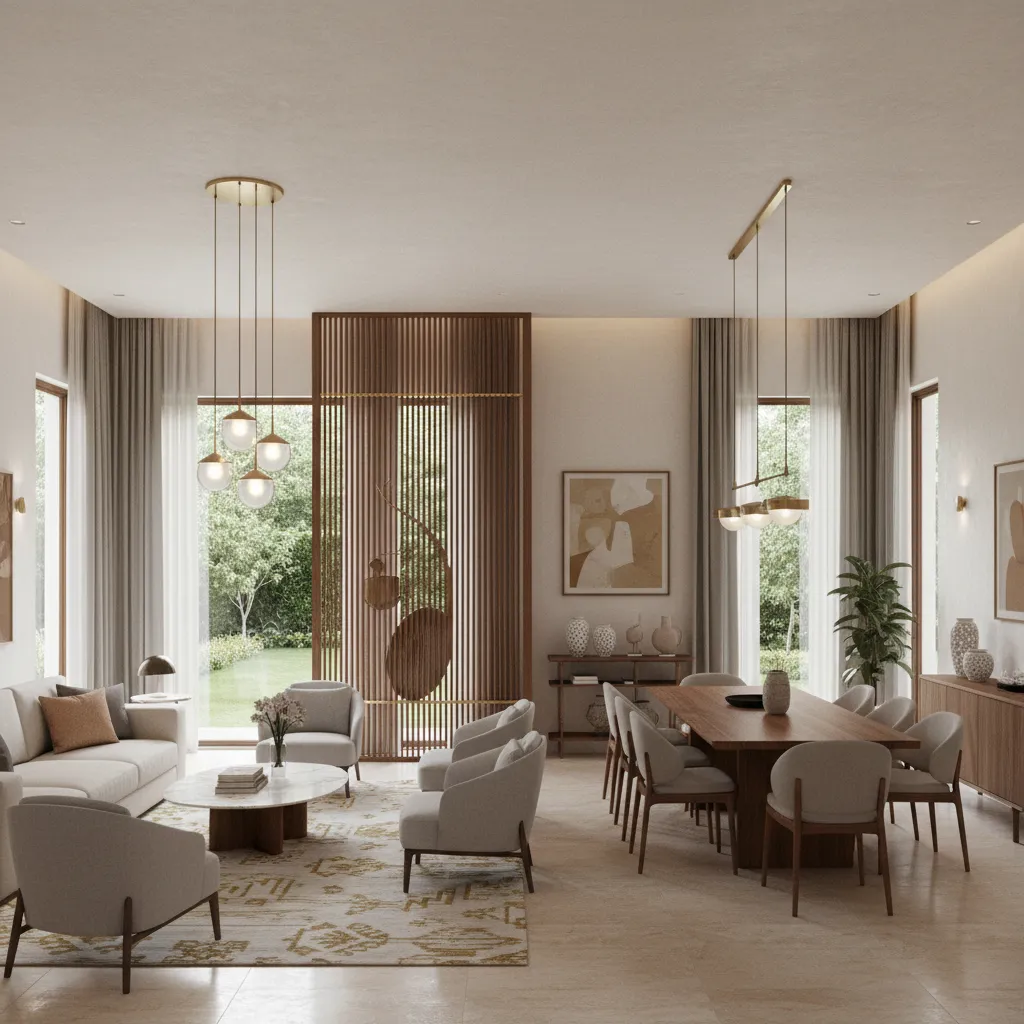 Semi open plan luxury home layout with living and dining spaces