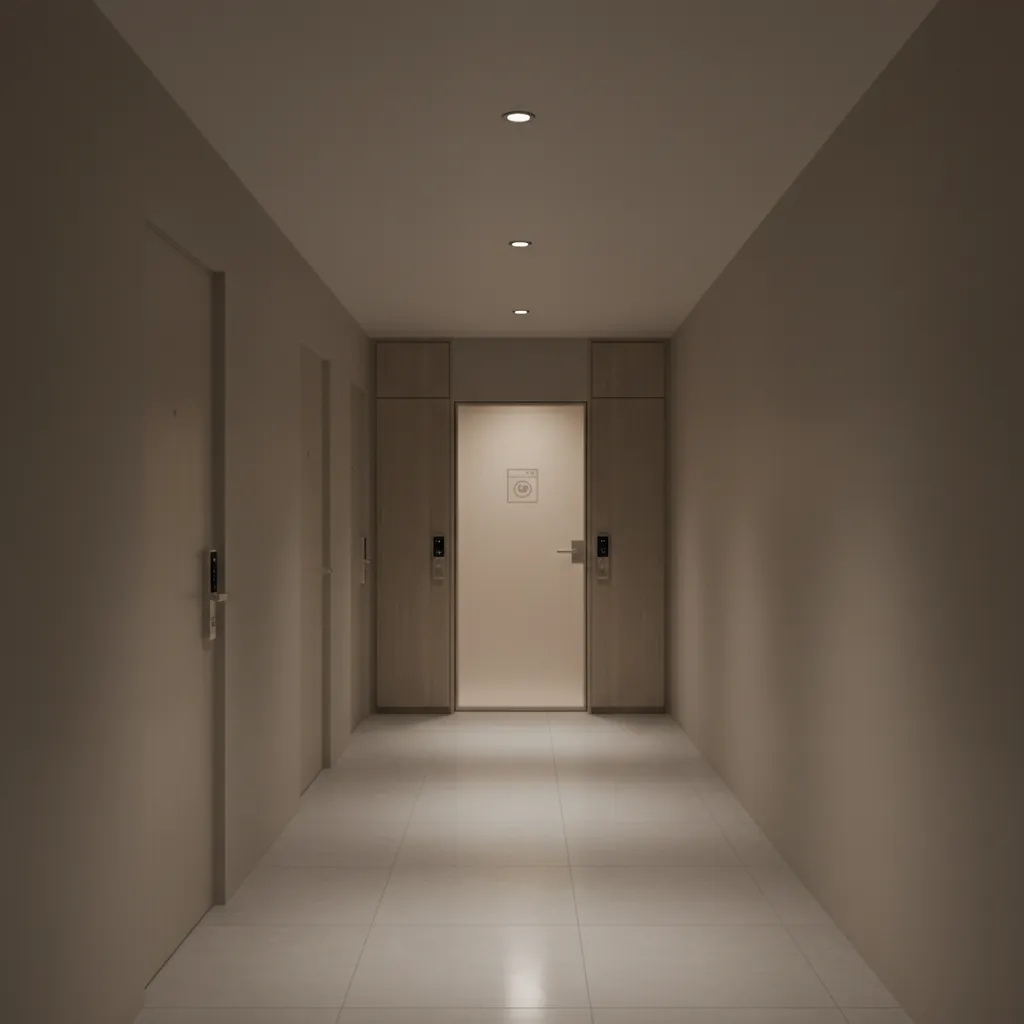 Apartment corridor leading to shared facilities showing semi-private residential space