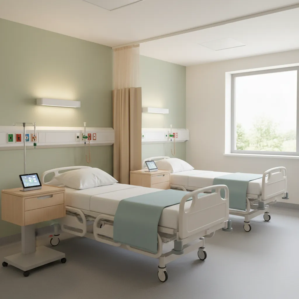 Hospital room with two medical beds having white bedding, light green walls, and large window