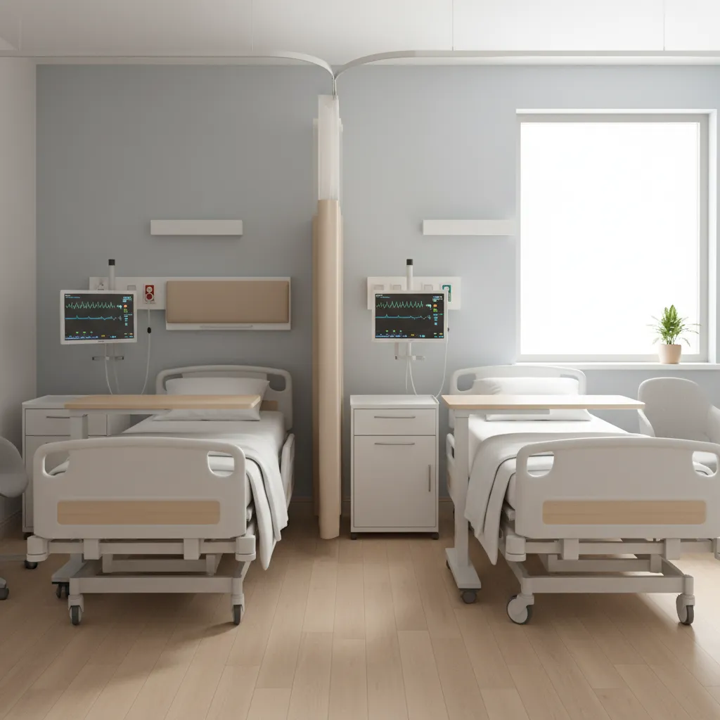 Semi private hospital room with two beds separated by curtain divider