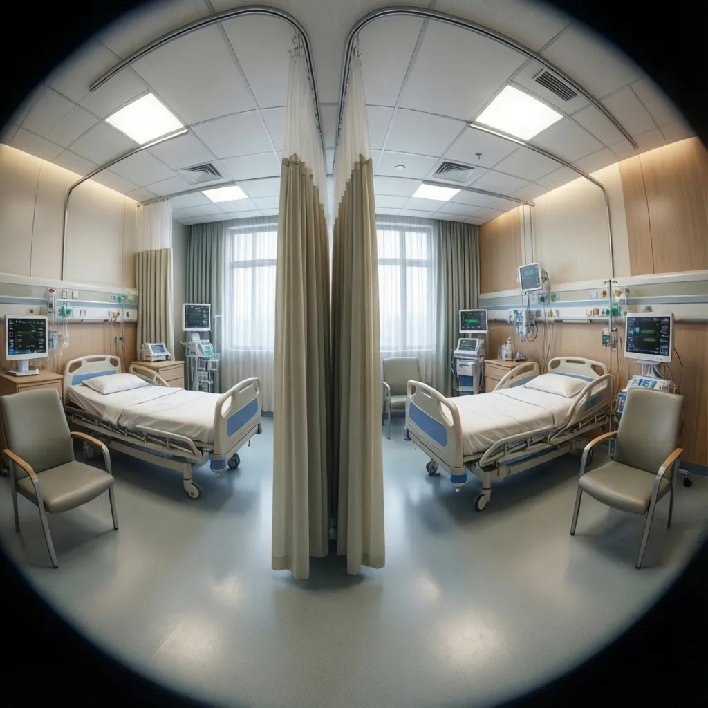 semi private hospital room with two beds and separated patient areas