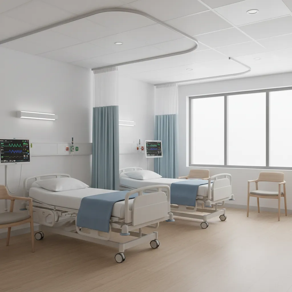 Semi private hospital room with two beds separated by curtain divider