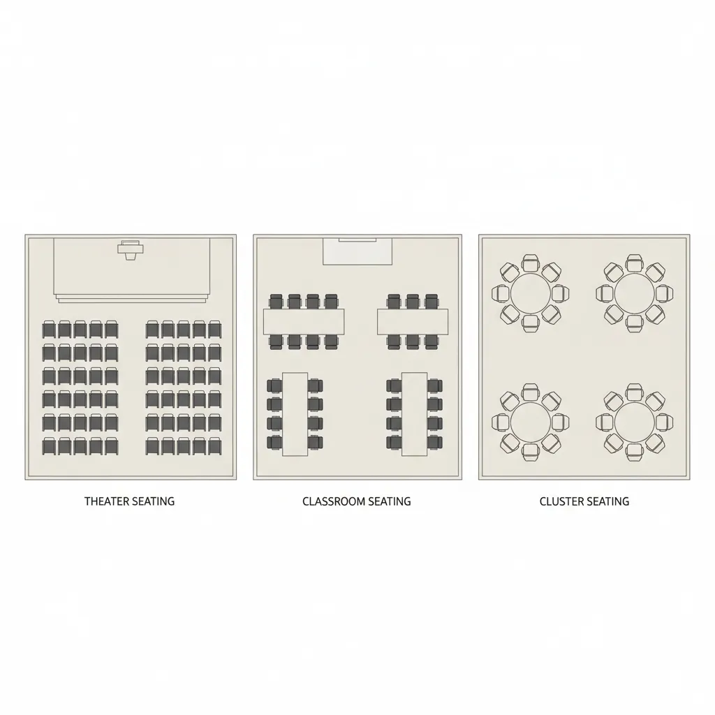 Seminar hall seating layout diagram showing different capacity arrangements