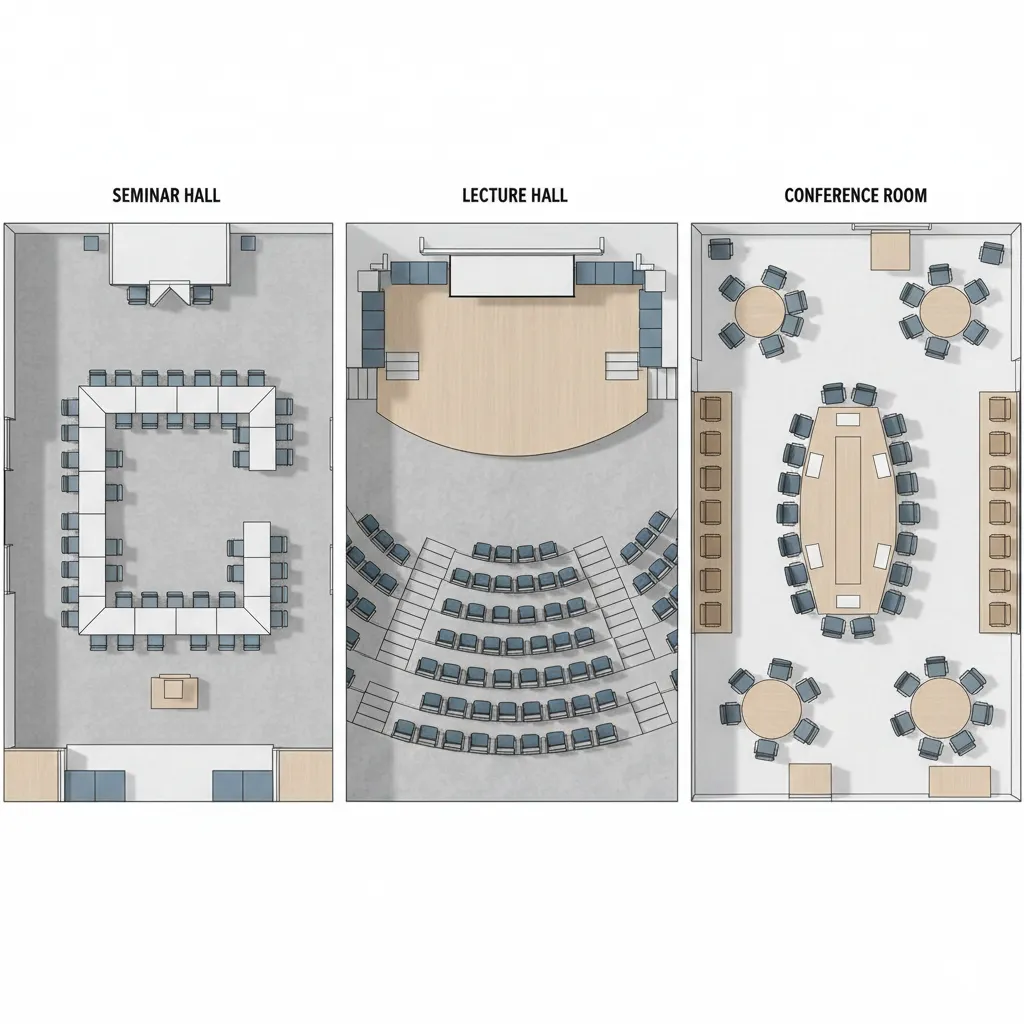 Diagram comparing seminar hall lecture hall and conference room seating layouts