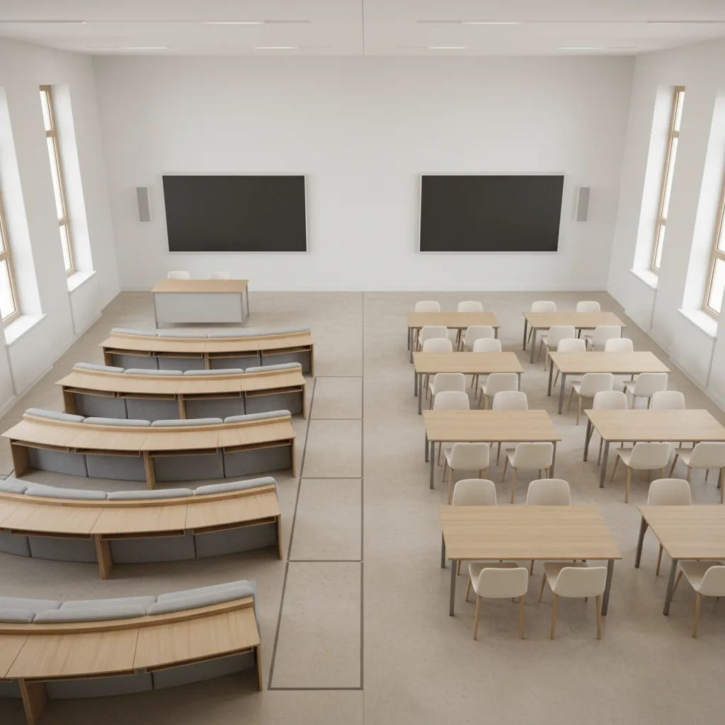 diagram style comparison of flat classroom seating and tiered seminar hall seating layout