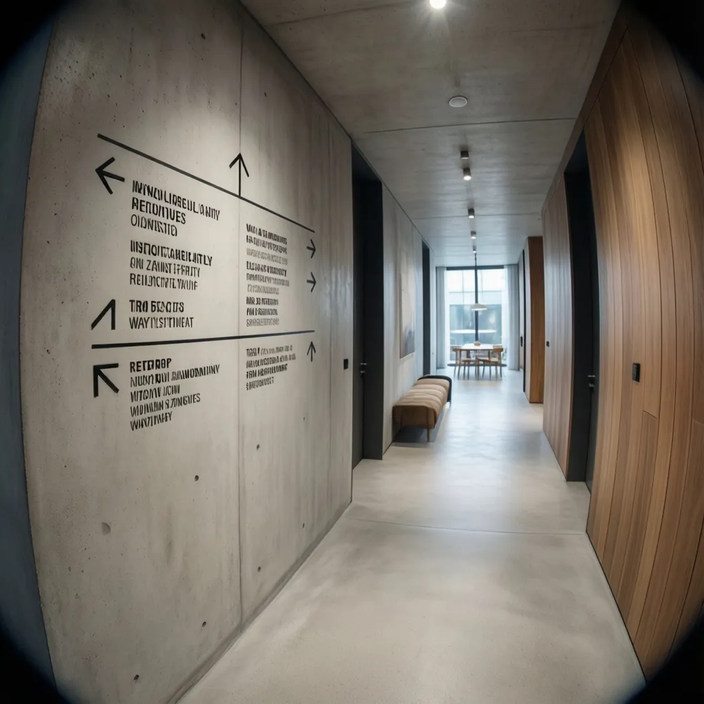 Señalética minimalista integrada en el diseño de un interior contemporáneo