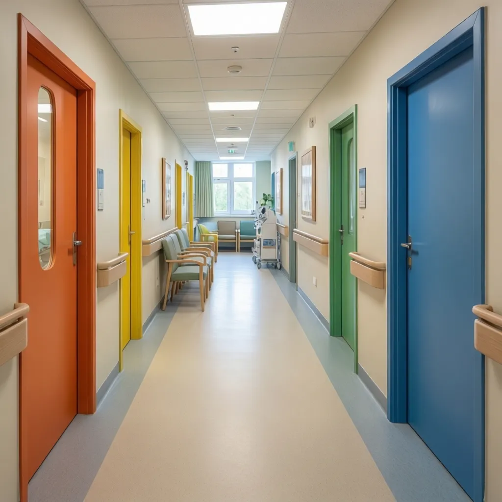 Pasillo con señalización por colores para orientación en residencia geriátrica