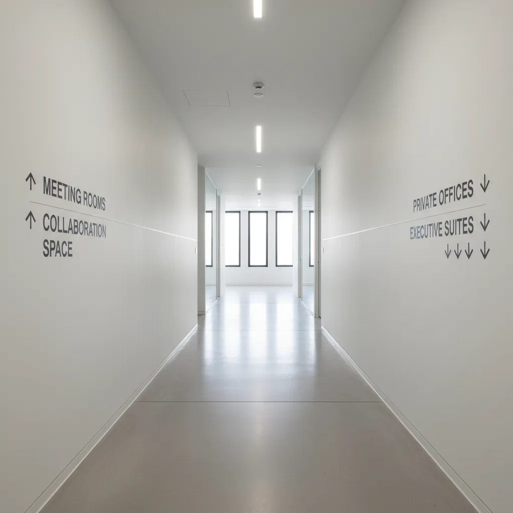 Minimalist white office hallway with black directional signs on walls for meeting rooms and offices