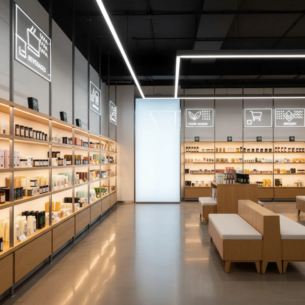 Tienda moderna con señalética clara y diseño gráfico integrado en el espacio