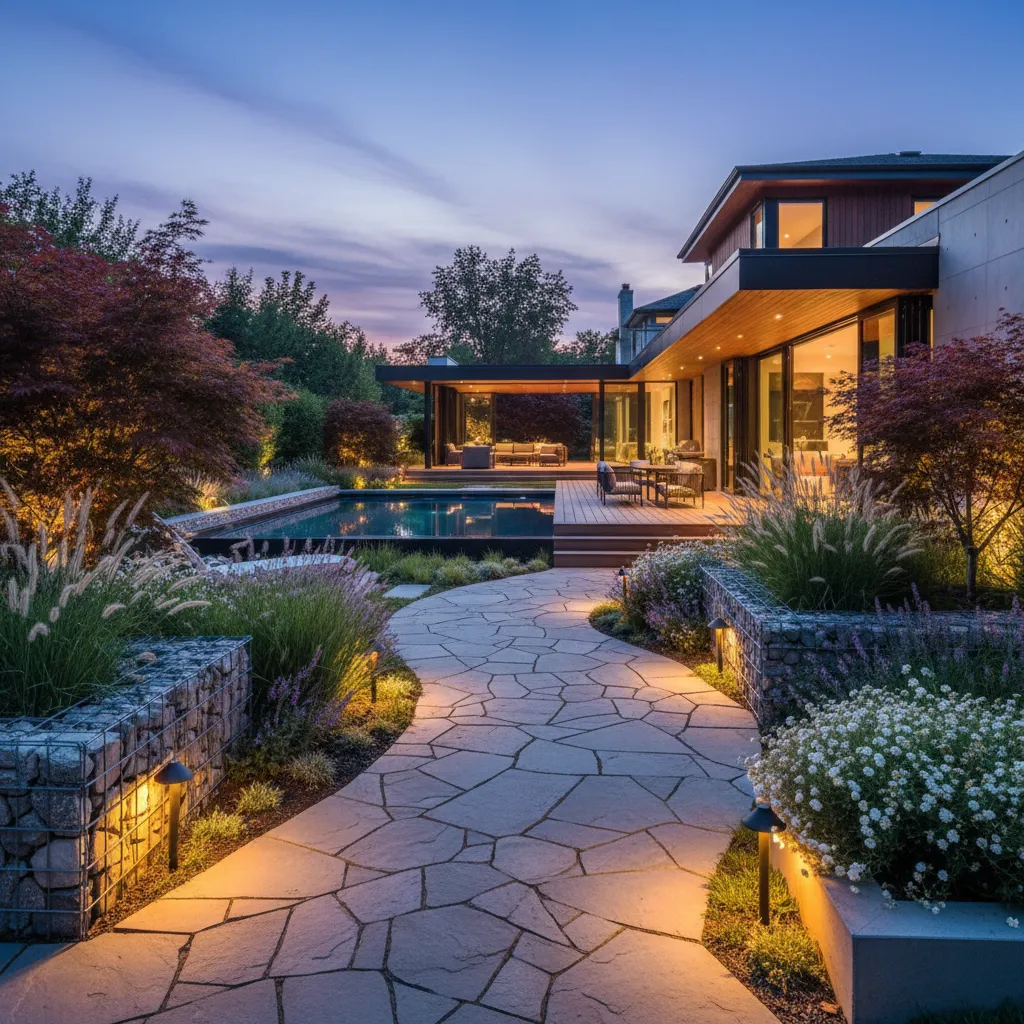 Sendero de piedra en jardín residencial con iluminación exterior