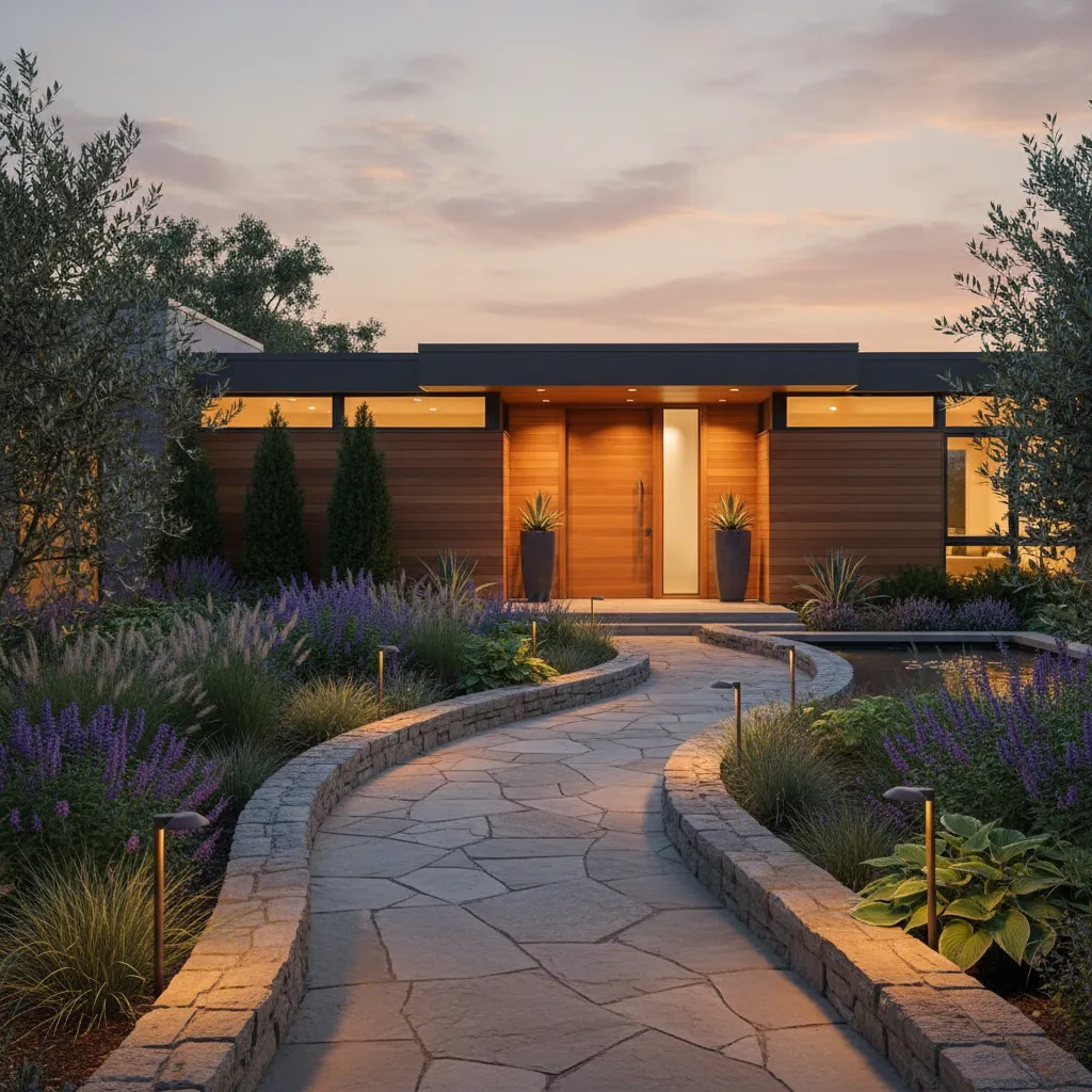 Sendero curvo en jardín frontal con iluminación exterior