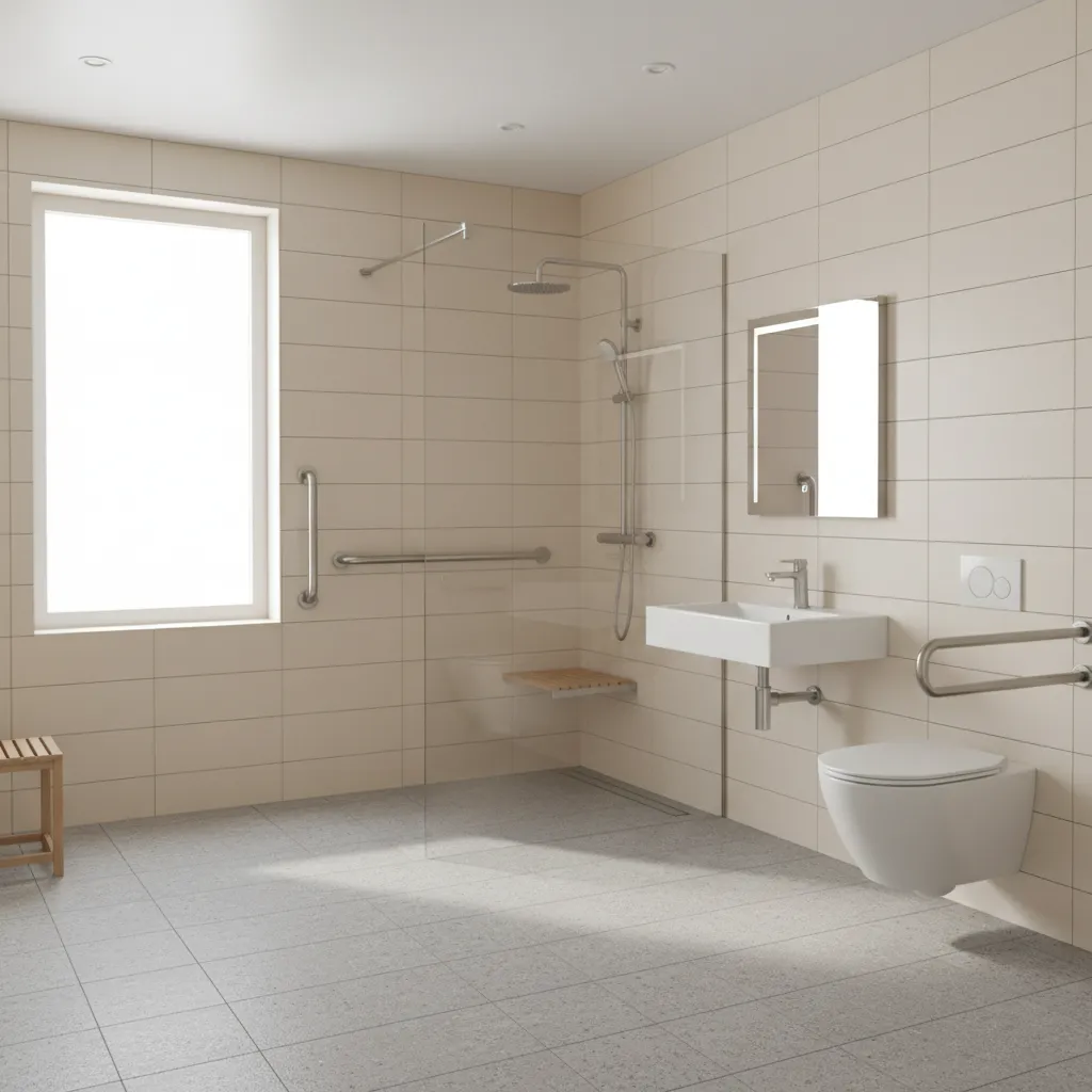 Accessible bathroom remodel with walk-in shower and safety grab bars