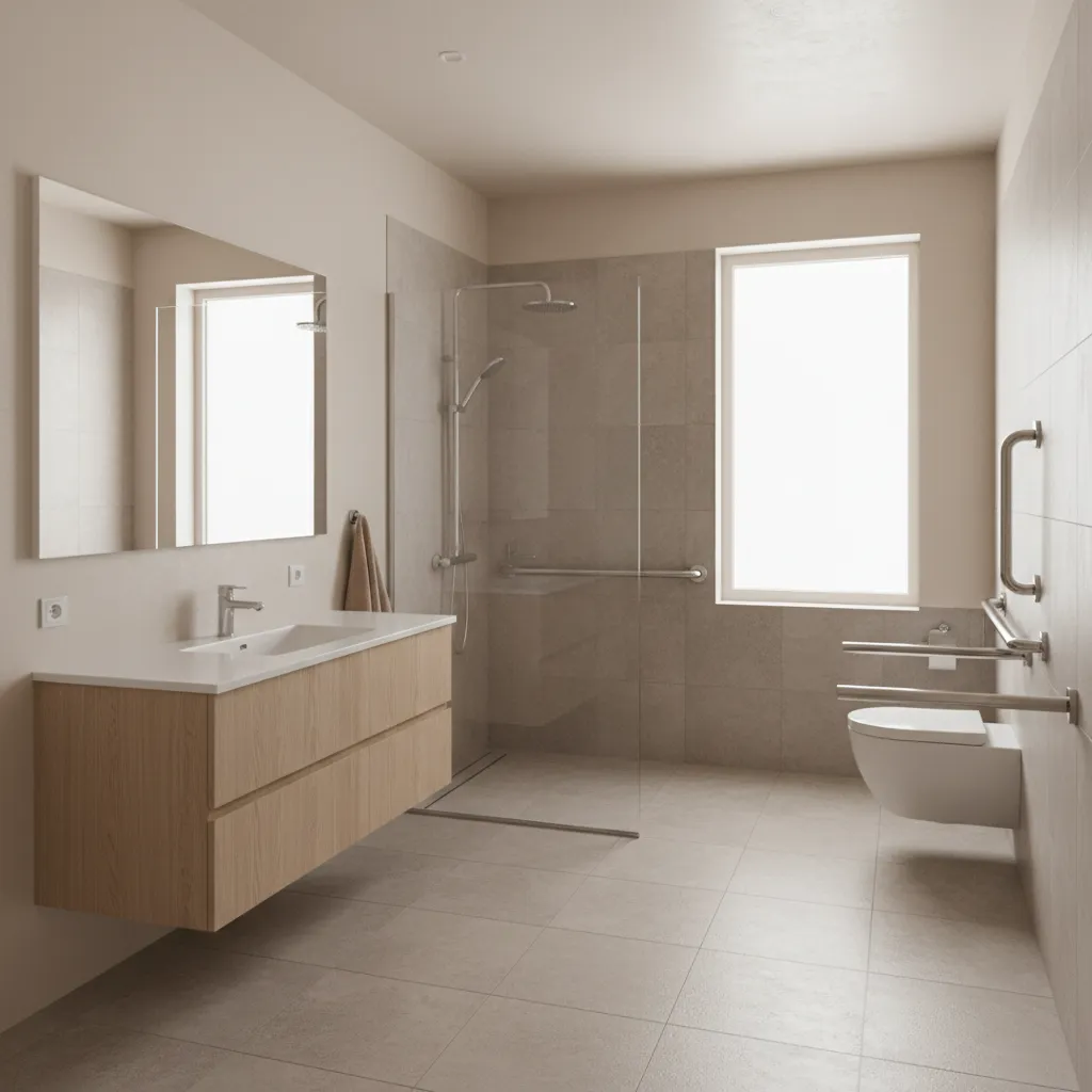 accessible bathroom with walk in shower and grab bars designed for seniors
