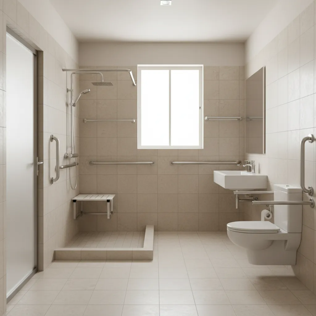 Senior friendly bathroom with walk in shower and grab bars