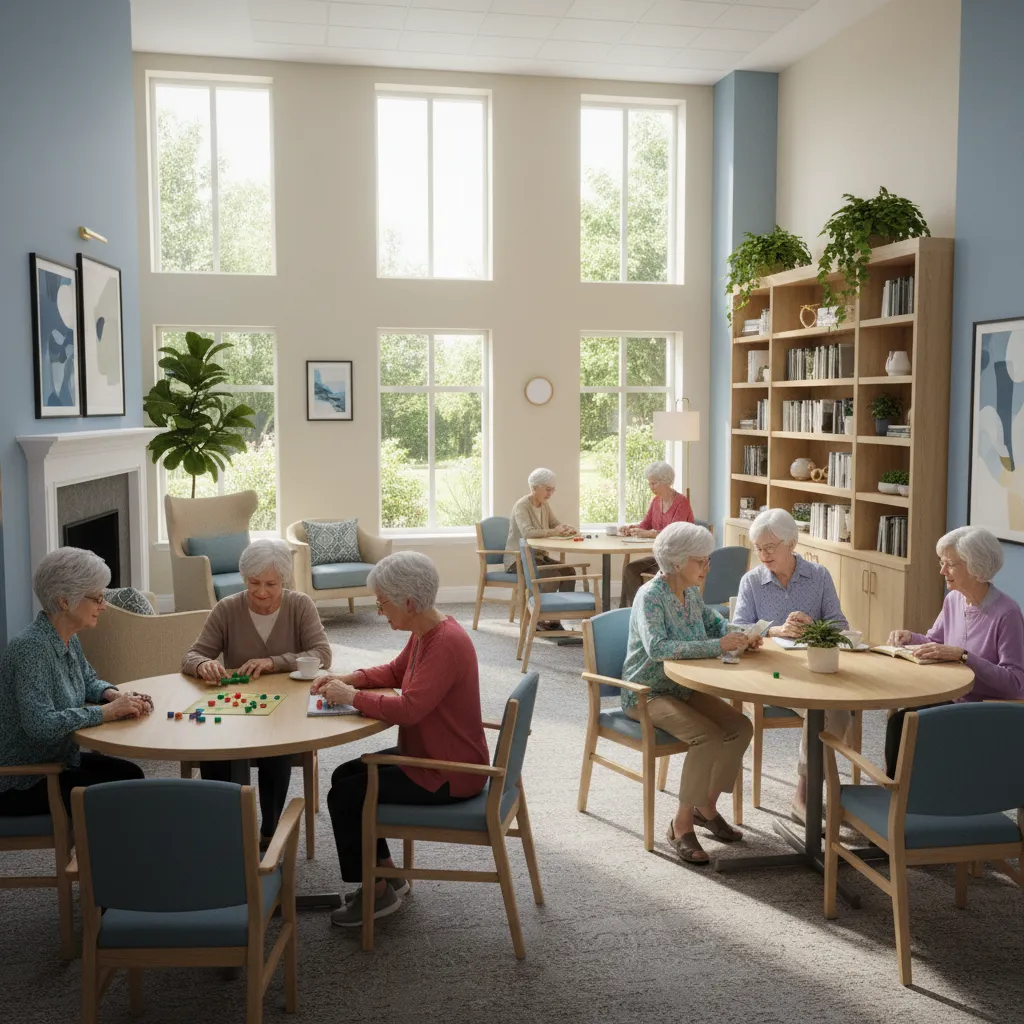 Senior residents participating in social activity inside a care home activity room