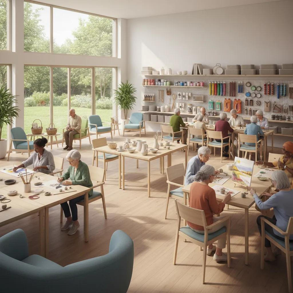 Senior activity room with art and hobby programs in a retirement home