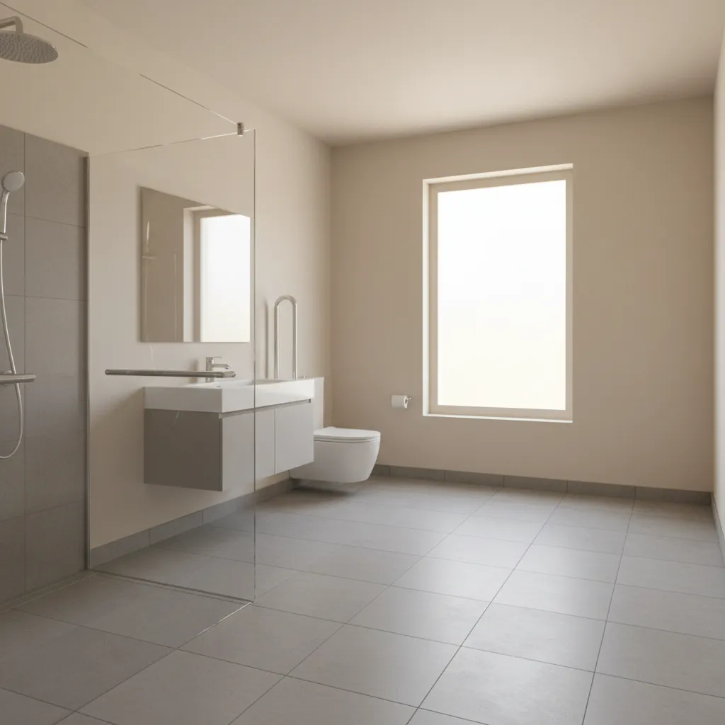 Accessible bathroom with walk-in shower grab bars and non-slip flooring