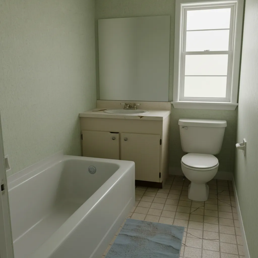 Small outdated bathroom with bathtub that is difficult for seniors to access