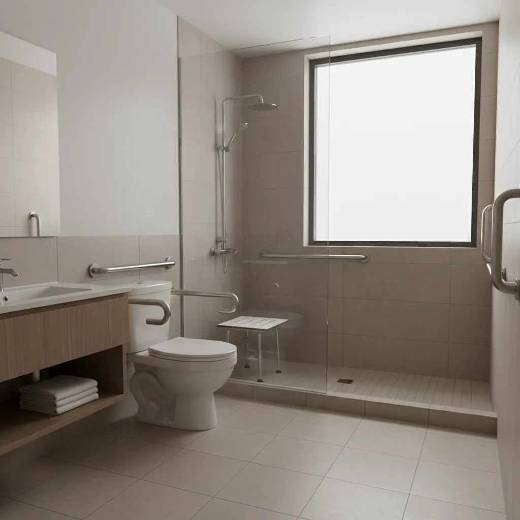 accessible senior bathroom with grab bars and anti slip flooring