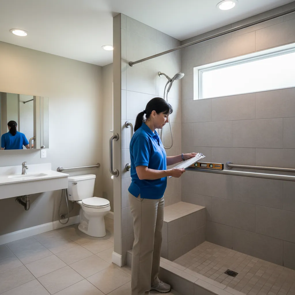 Inspector evaluating senior bathroom safety features including grab bars and walk in shower