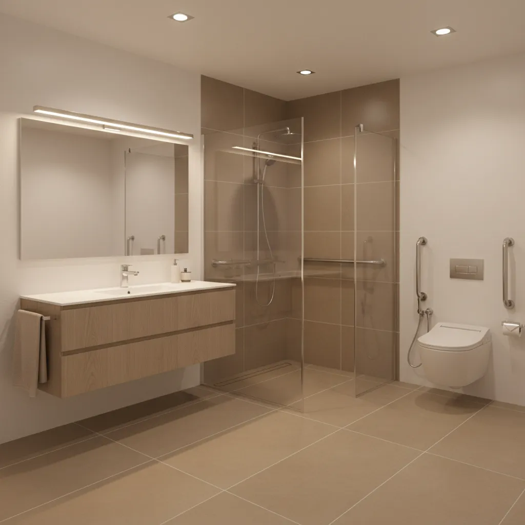 Modern senior friendly bathroom with walk in shower grab bars and slip resistant floor