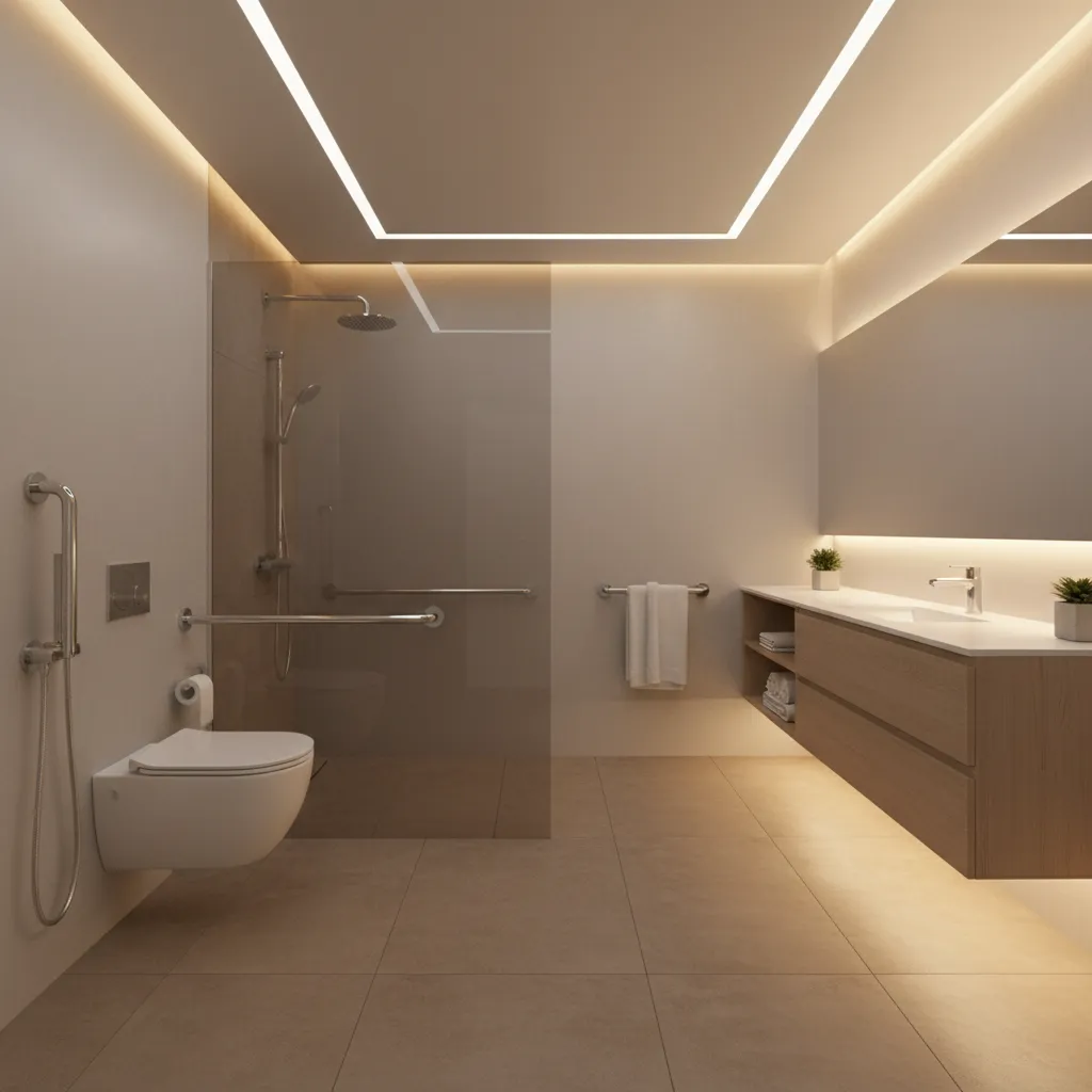 Senior-friendly bathroom safety features including grab bars and non-slip floor