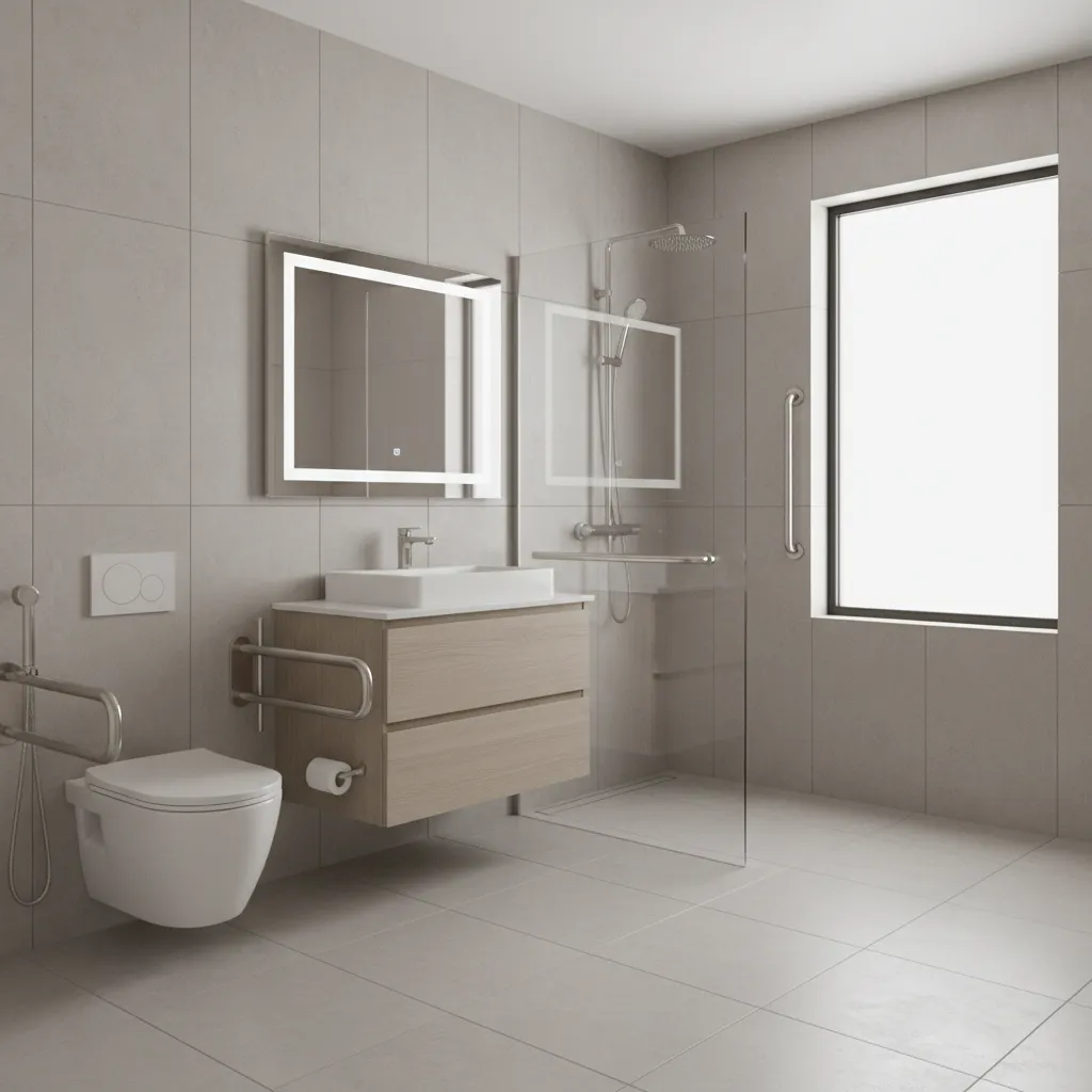Accessible bathroom with walk-in shower and grab bars for seniors