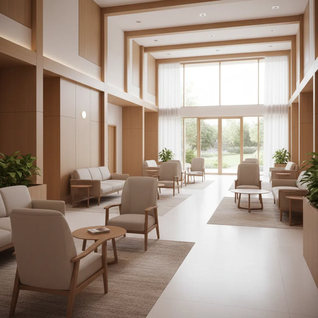 Comfortable communal lounge inside a senior care home with accessible seating