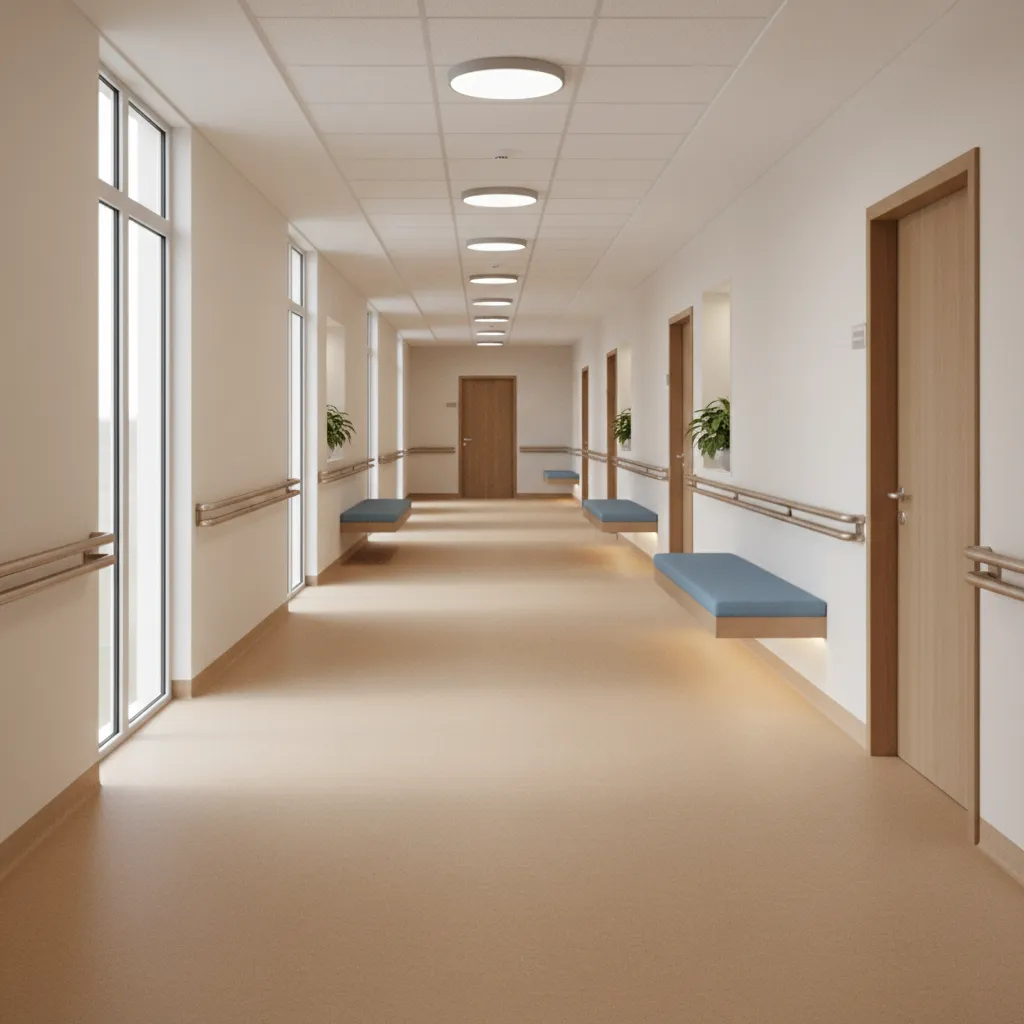 accessible hallway in a senior care home with handrails and non slip flooring