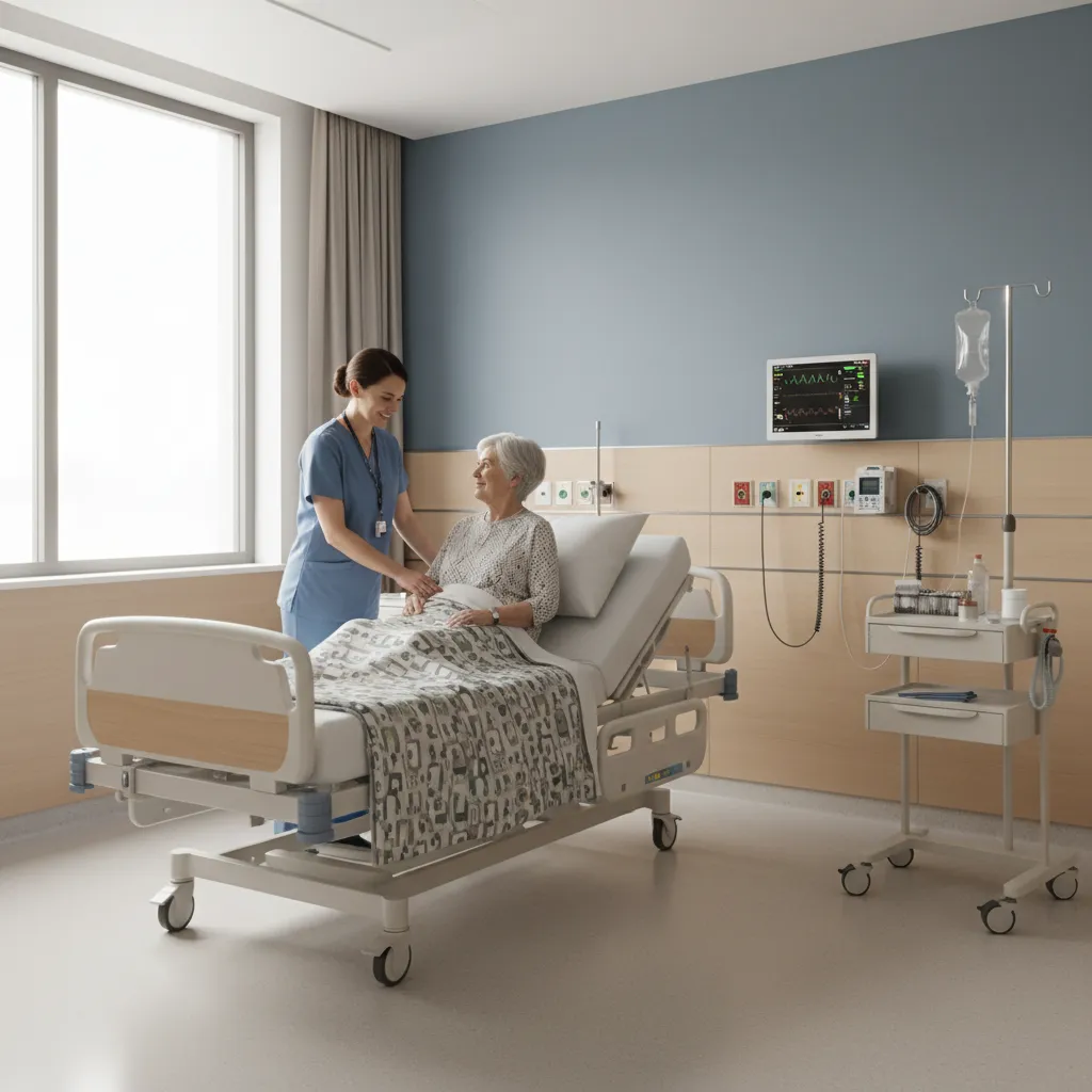 Medical support room inside a senior living facility with nurse assisting elderly resident