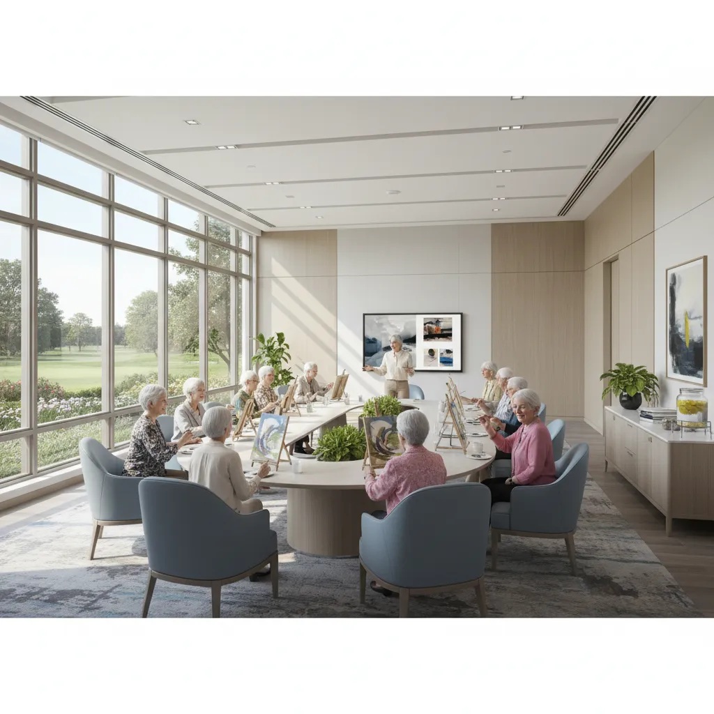 Elderly residents participating in group activities in senior living facility
