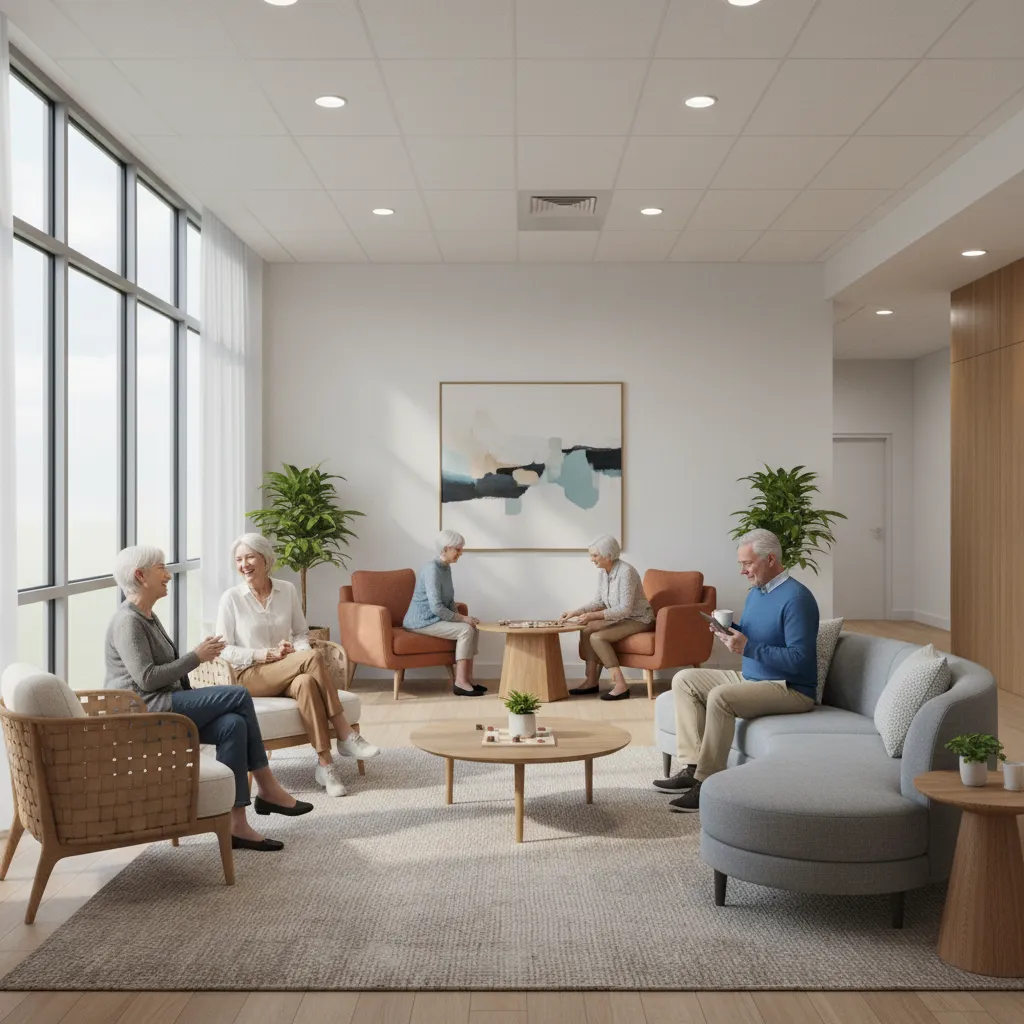 Shared lounge area in a senior living community with residents socializing