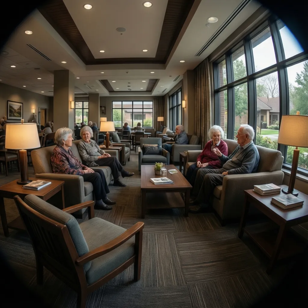 Common lounge space in a retirement community where seniors socialize