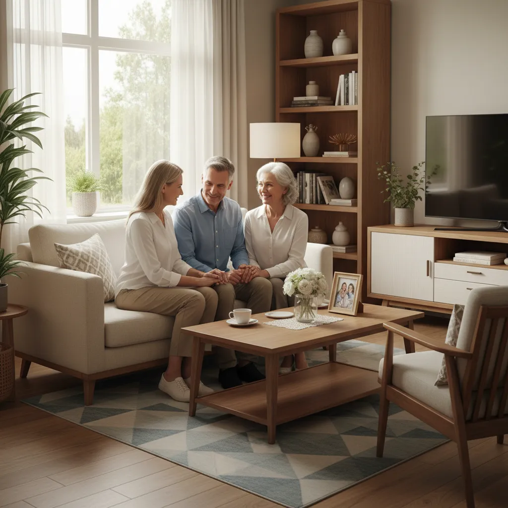 Family visiting elderly parent in comfortable retirement home living area