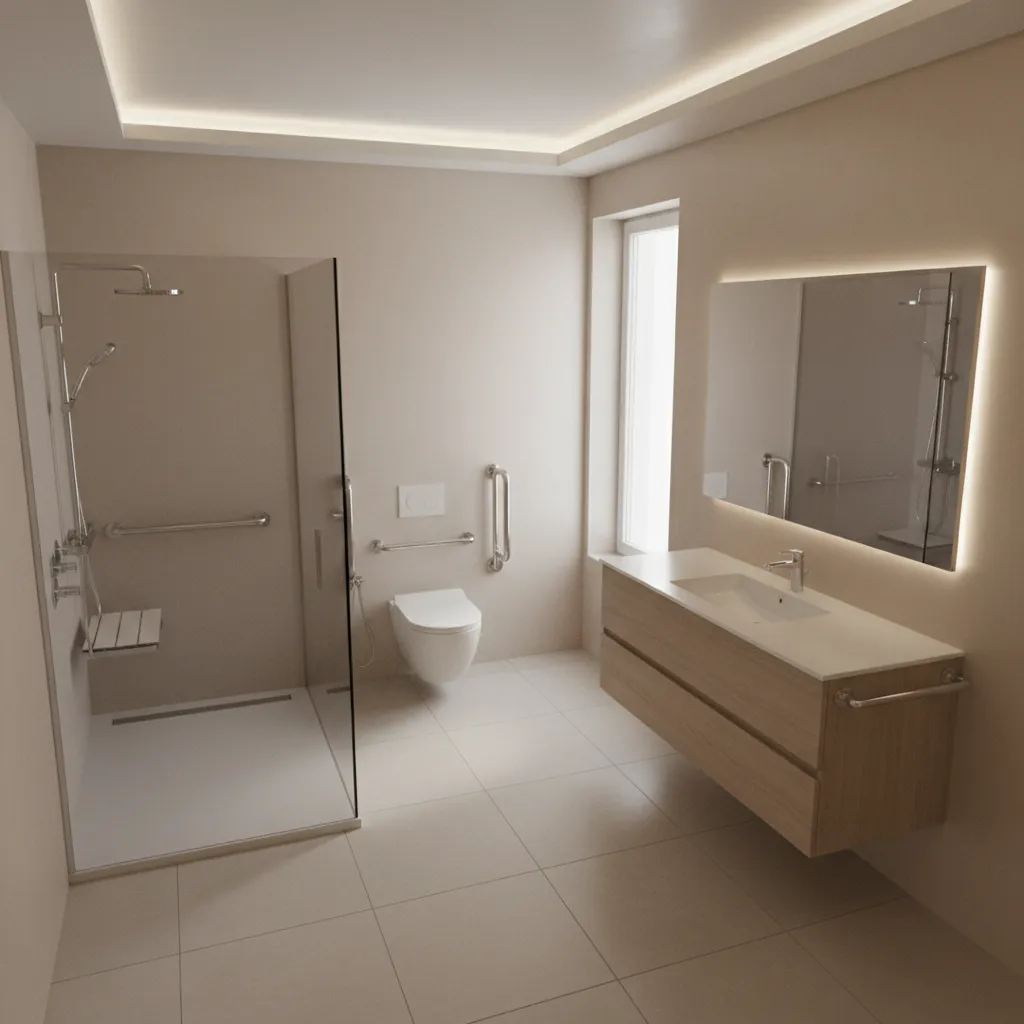 Senior friendly bathroom layout with wide access and safety features