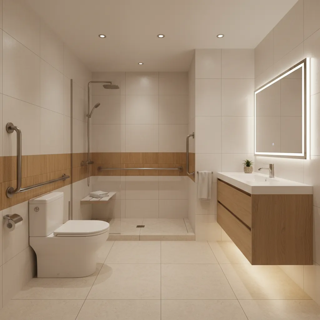 Senior friendly bathroom with grab bars and slip resistant flooring