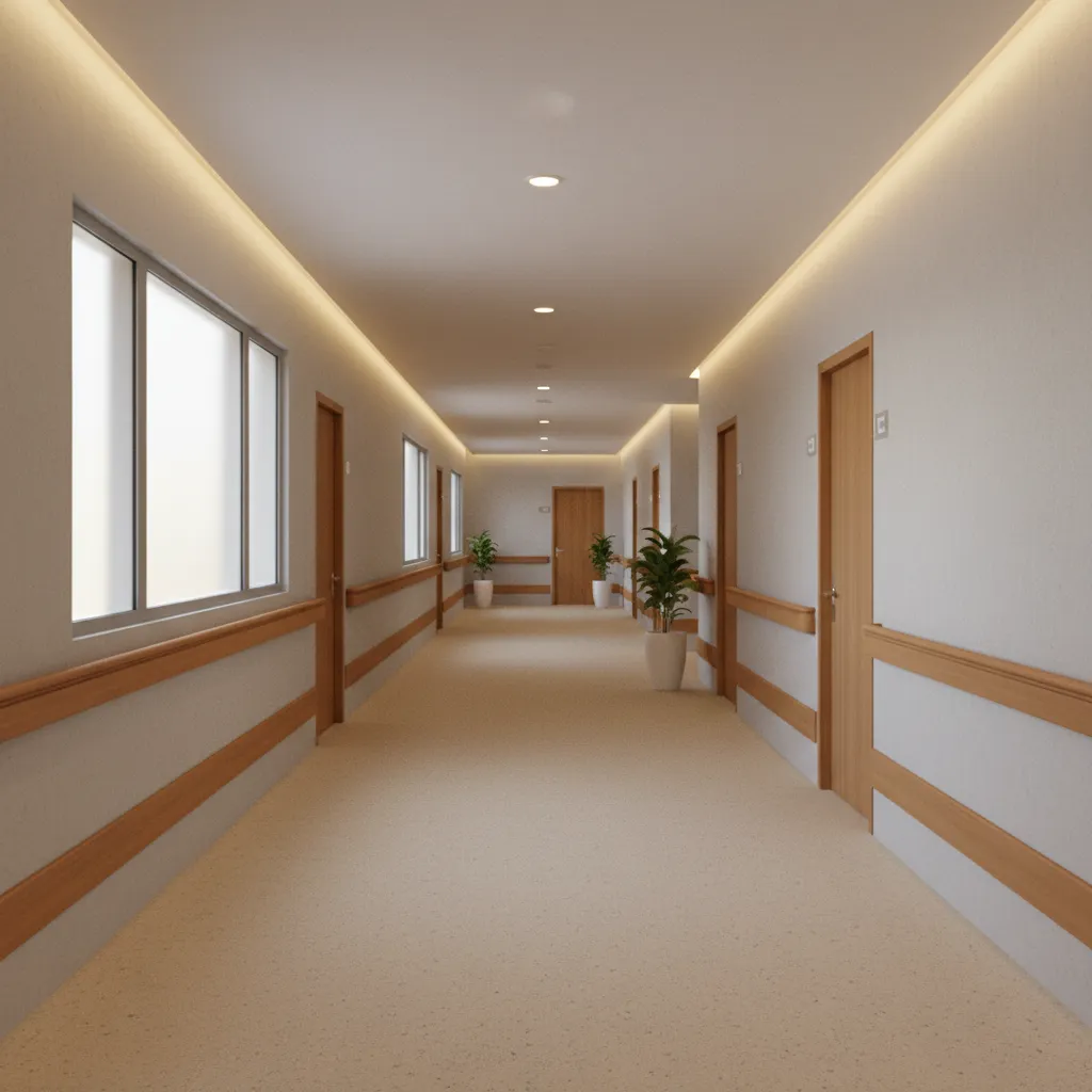 Accessible senior living building layout with wide corridors and safety railings