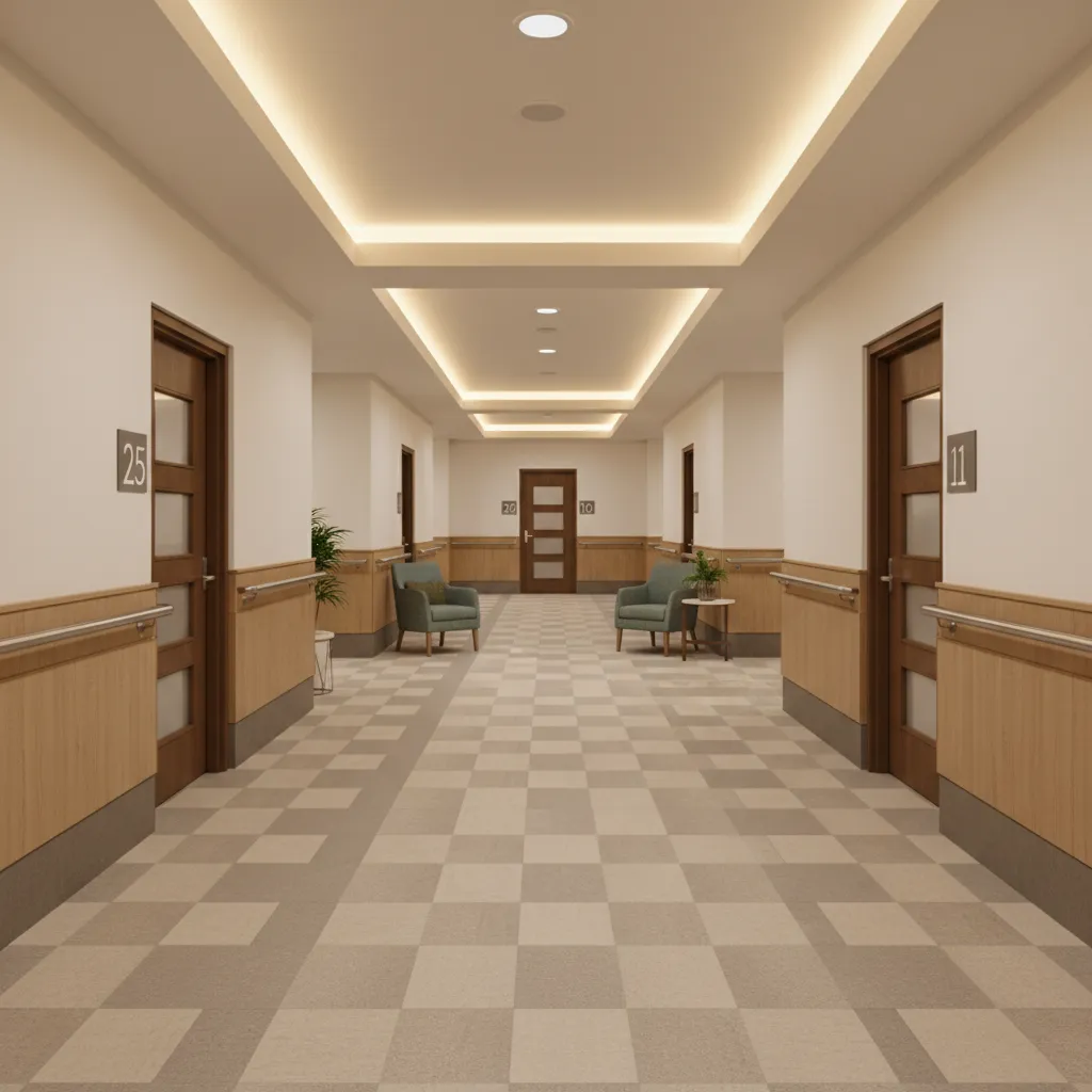 wide accessible corridor with handrails in senior living facility